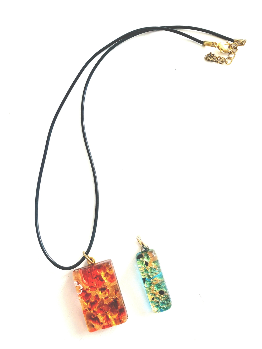 Murano Glass Red and Teal Rectangle Pendant Necklace with Gold Accents